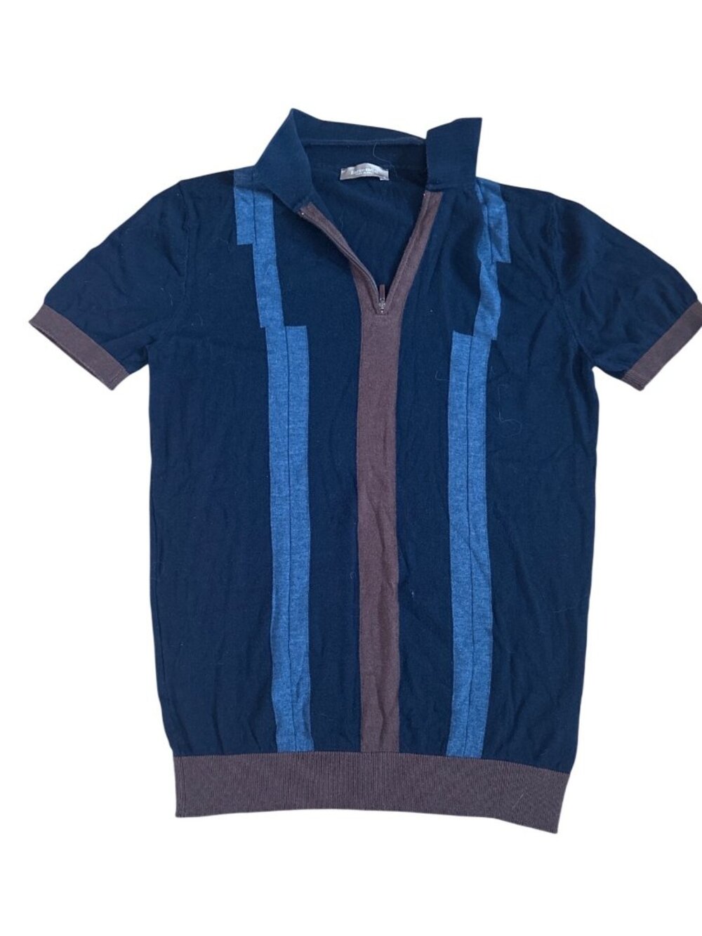 Enrico Cadini Knit Polo Shirt Mens Small Collared Blue Brown Striped Italy